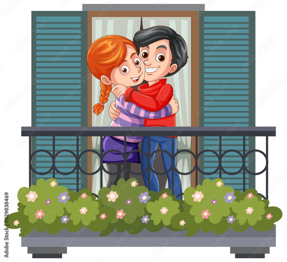 Happy Couple Hugging on Balcony