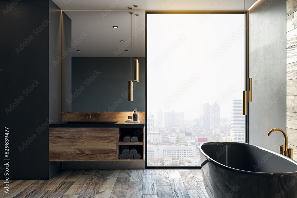 Luxury wooden tile bathroom interior with bathtub, furniture panoramic window with city view. 3D Ren