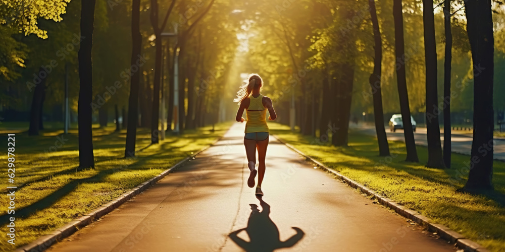 Woman running in park with green trees on beautiful summer day. Sport fitness concept. Generative AI