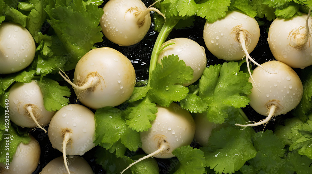 Fresh turnips with water drops background. Vegetables backdrop. Generative AI