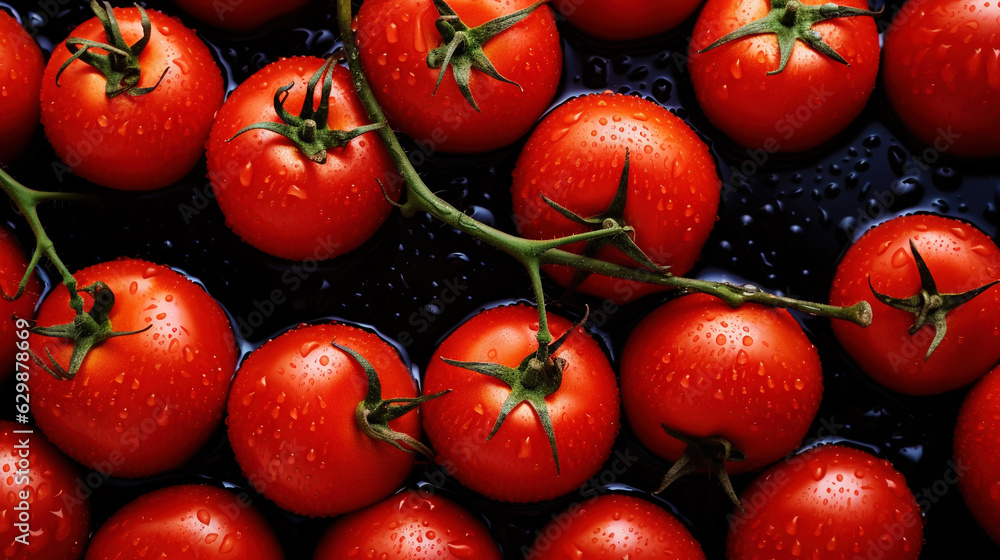 Fresh red tomatoes with water drops background. Vegetables backdrop. Generative AI