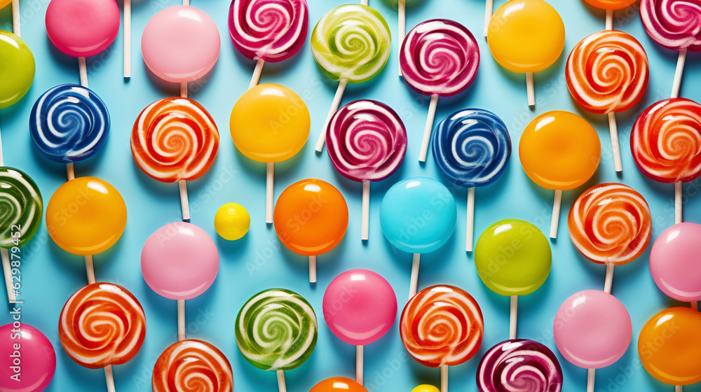 Colorful lollipop candies background. Top view. Generative AI