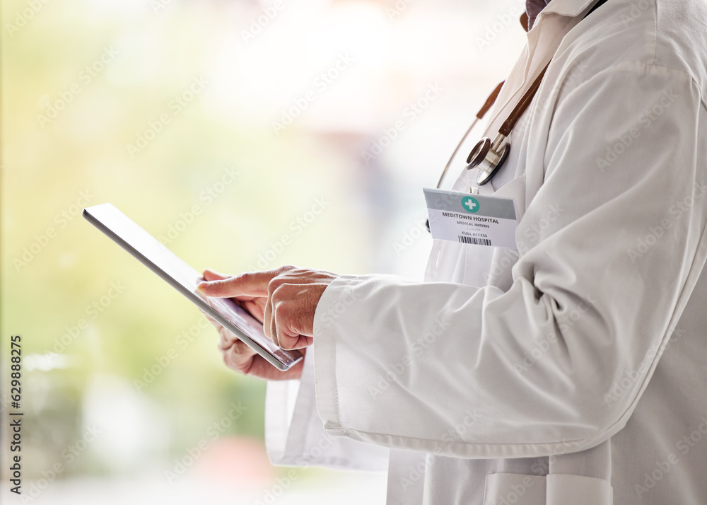 Tablet, doctors and hands for online healthcare management, hospital software or research. Closeup o