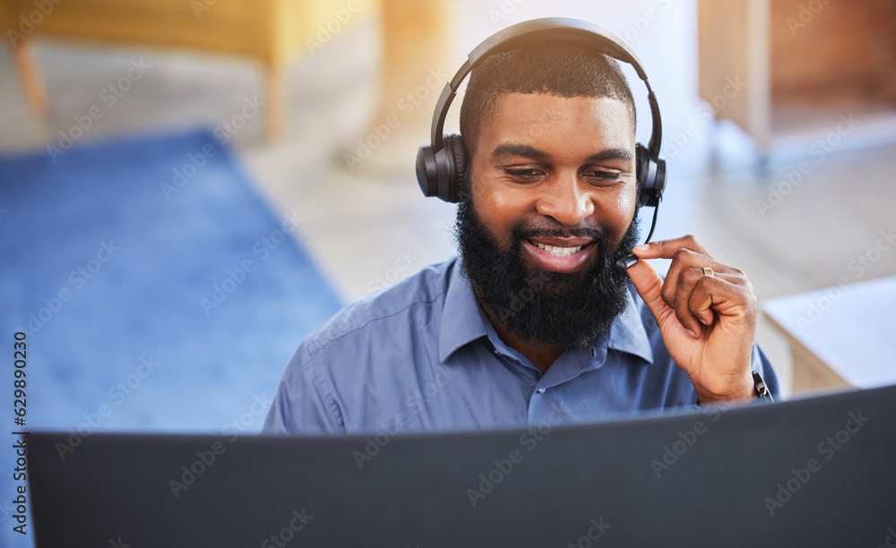 Call center, customer support and black man on computer talking at desk for friendly service. Telema