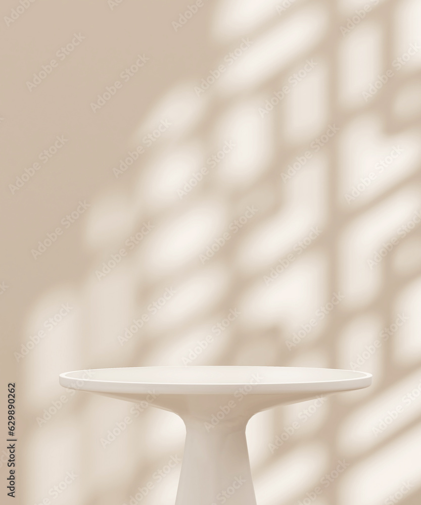 Ivory white round podium table in sunlight, Chinese window grill shadow on blank cream wall. Luxury,