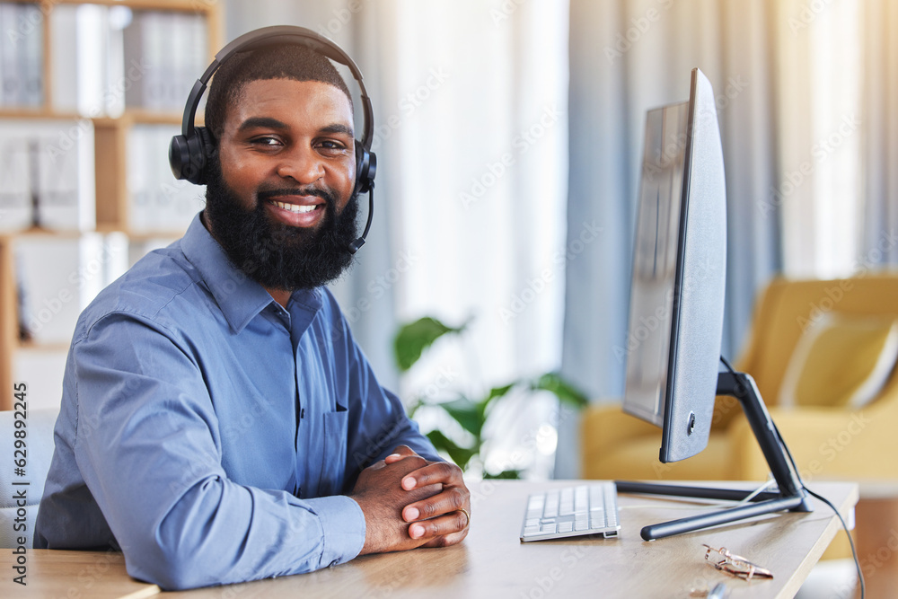 Call center, customer support and portrait of black man at desk with smile for friendly service. Tel