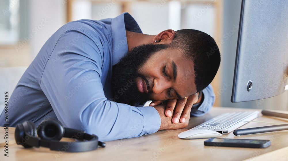 Call center, tired business man and sleeping at desk with burnout, fatigue and low energy in telemar