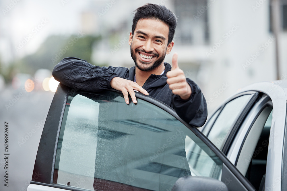 New car, man with thumbs up and smile on street, yes and thank you for vehicle finance loan success.