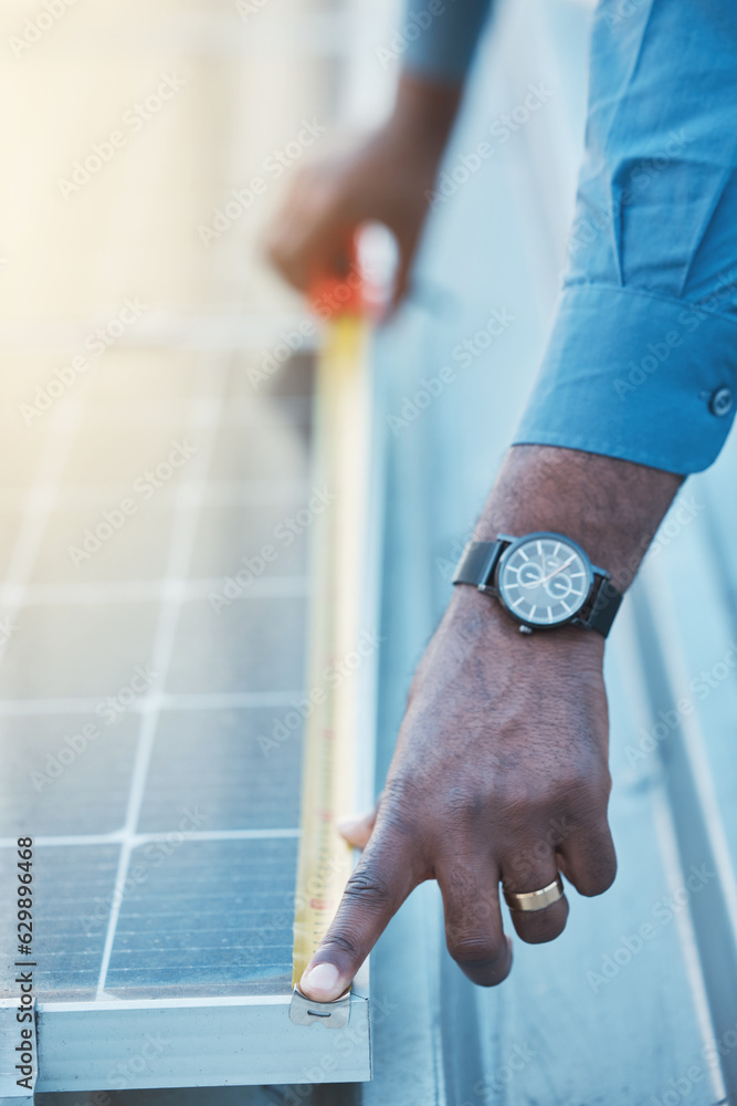 Engineer, hands and tape to measure solar panel on rooftop for sustainable planning, construction an