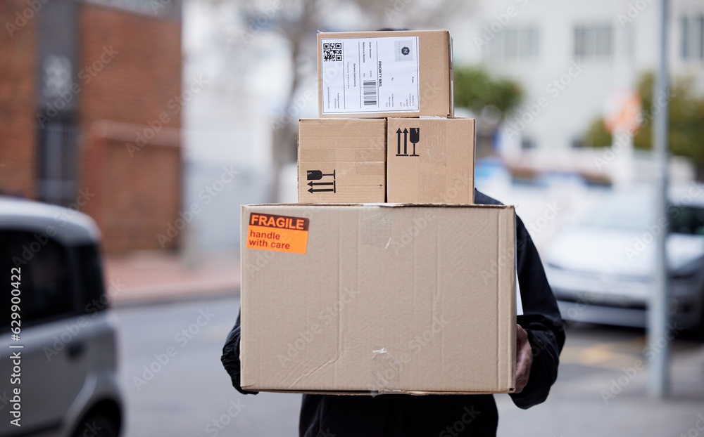 Person, boxes and delivery or courier service for online shopping, logistics or supply chain managem