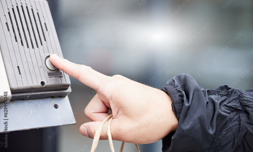 Finger, button and intercom with a person closeup outdoor for entrance through a security communicat