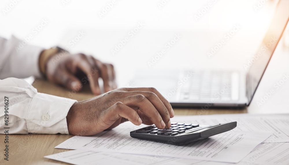 Person, hands and calculator, computer and documents for financial planning, taxes management and bu