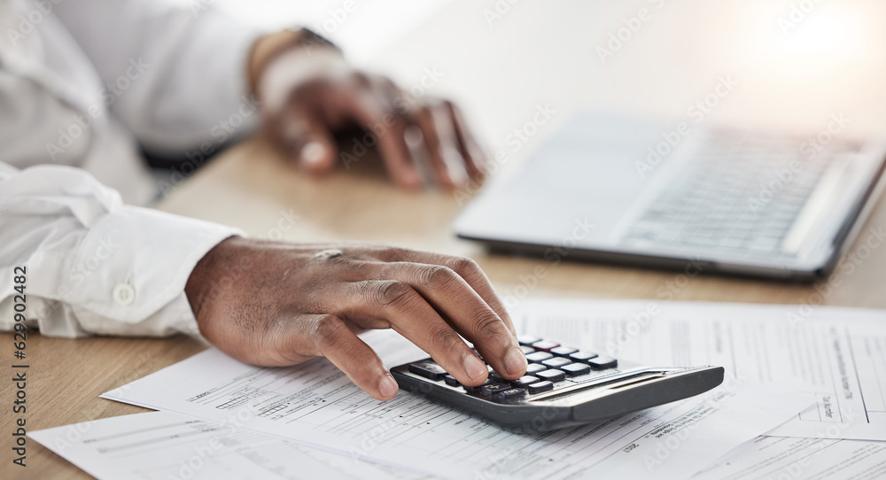 Documents, calculator and business person hands for financial planning, taxes management and laptop.