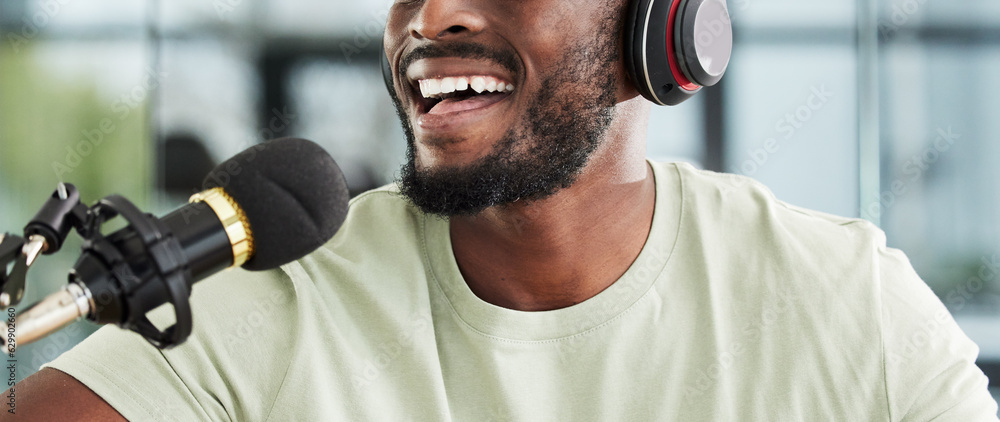 Man, microphone and mouth with headphones and radio DJ, news with communication and closeup of audio