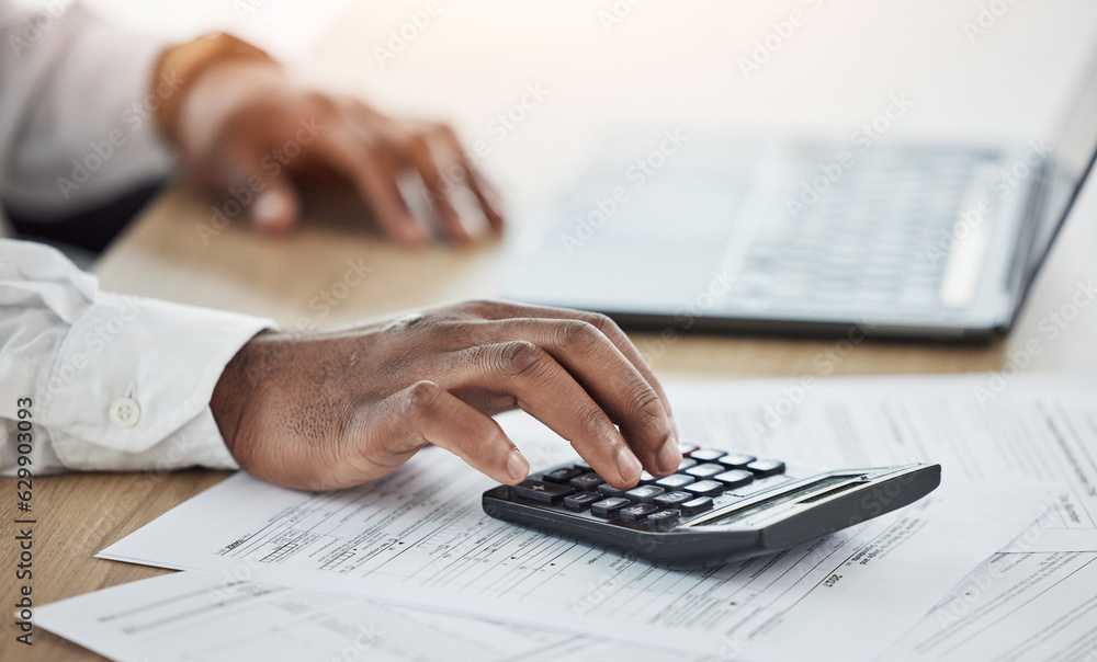 Person hands, calculator and computer with documents for financial planning, taxes management or bus