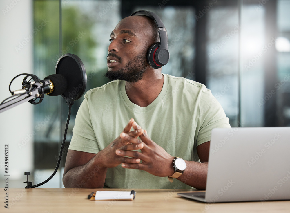 Black man, microphone and laptop, headphones and radio DJ with news, communication and audio equipme