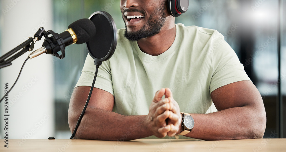 Black man, speaker and microphone, radio DJ with headphones, news communication and audio equipment.