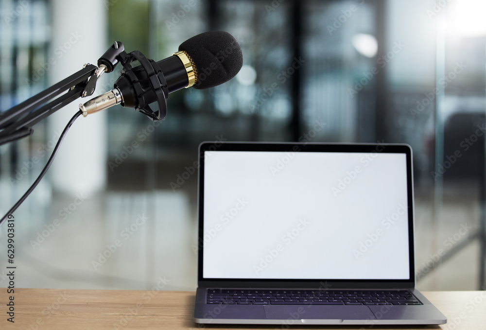 Laptop screen, mockup and microphone, audio equipment for radio or podcast with technology and adver