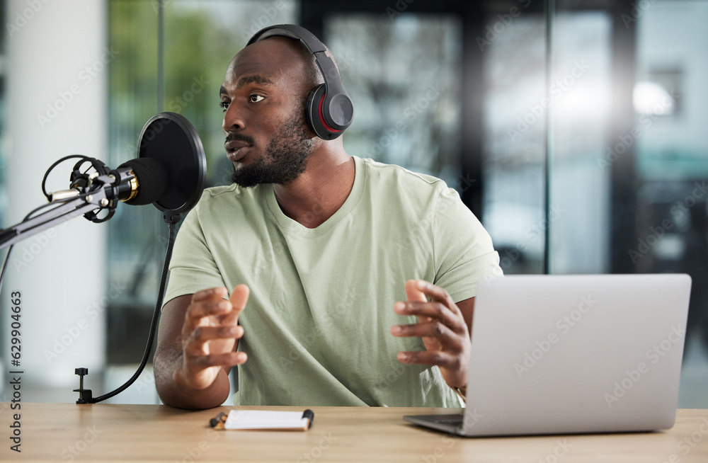 Black man, microphone and talk show, headphones and radio DJ with news, communication and audio equi