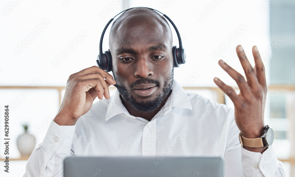 Black man, laptop and business consulting in call center for customer service, advisory and question