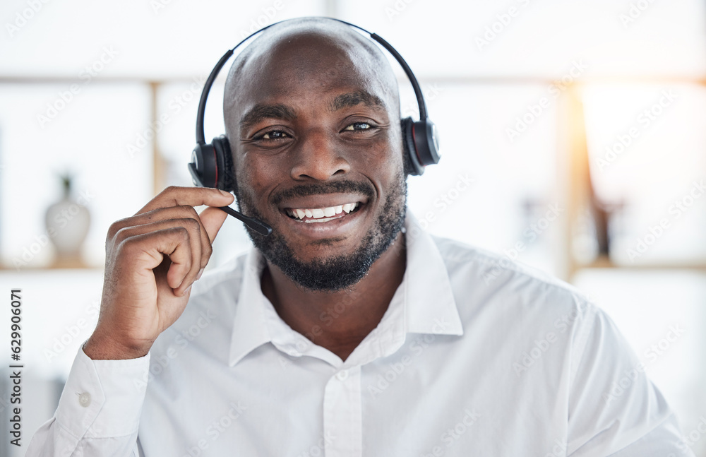 Call center, black man and happy portrait in office or workplace with consultant in customer service