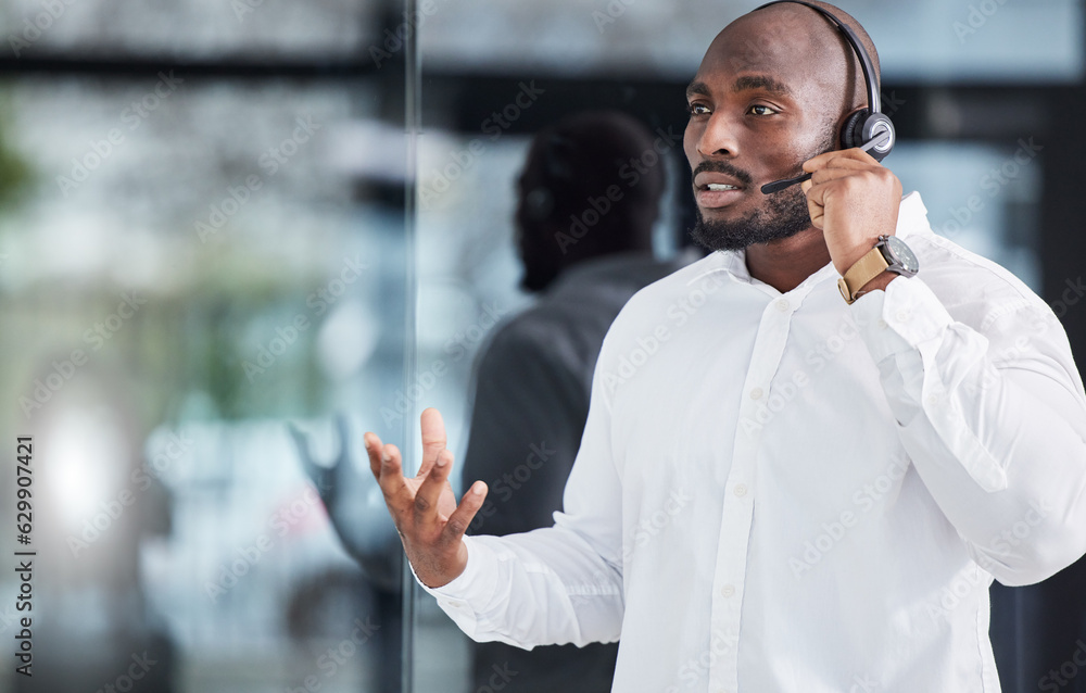 Black man, microphone and consulting in call center for customer service, advisory help and FAQ ques