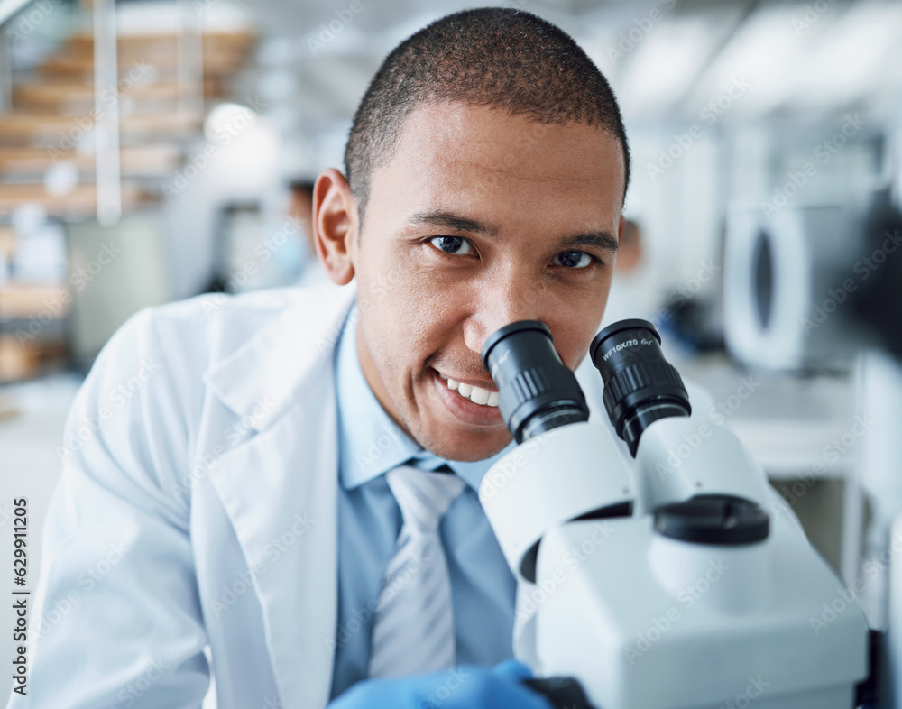 Microscope, happy man and portrait of laboratory scientist working on healthcare research, forensic 