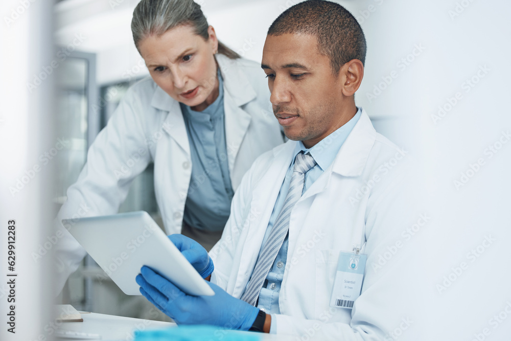 Scientist woman, tablet or teamwork in science laboratory for medical research, medicine or collabor