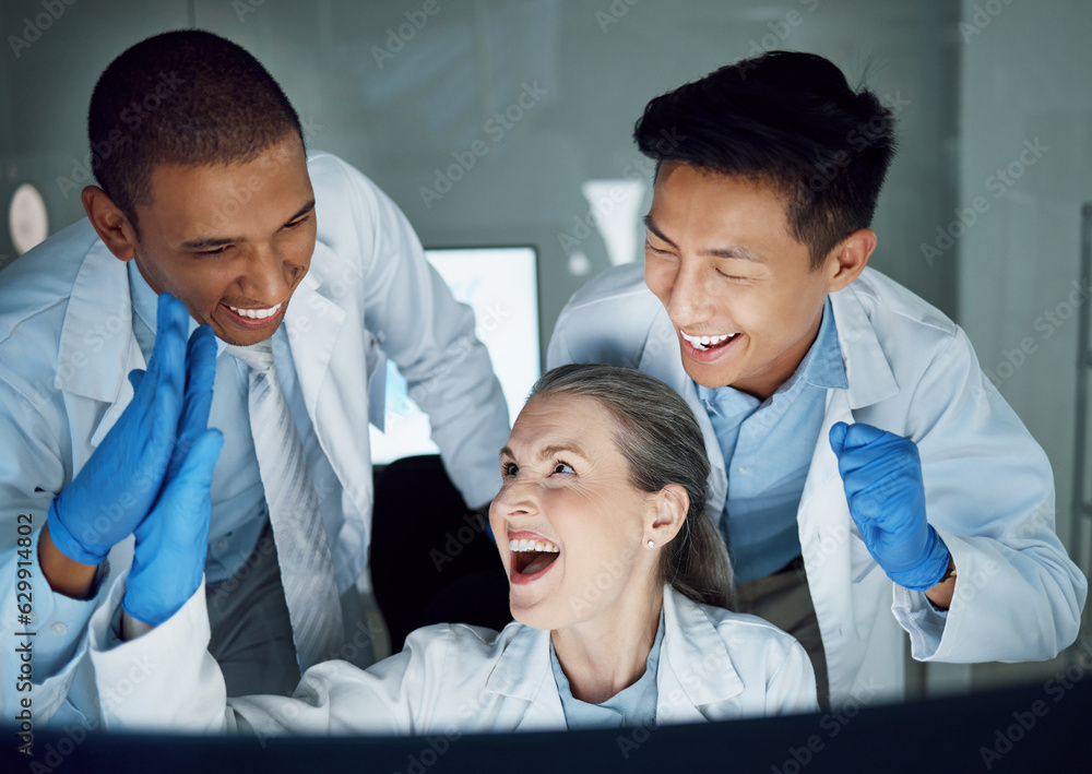 Science, high five and happy scientist, people or diversity group celebrate lab success, results or 