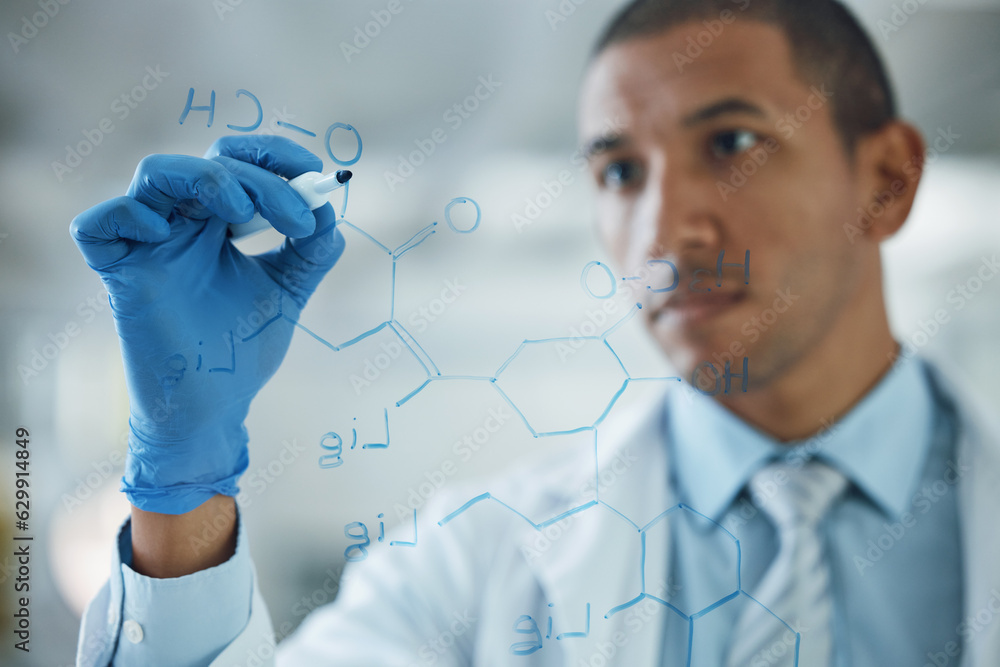 Scientist man, thinking and writing on glass, formula and study for chemical compound, engineer or i