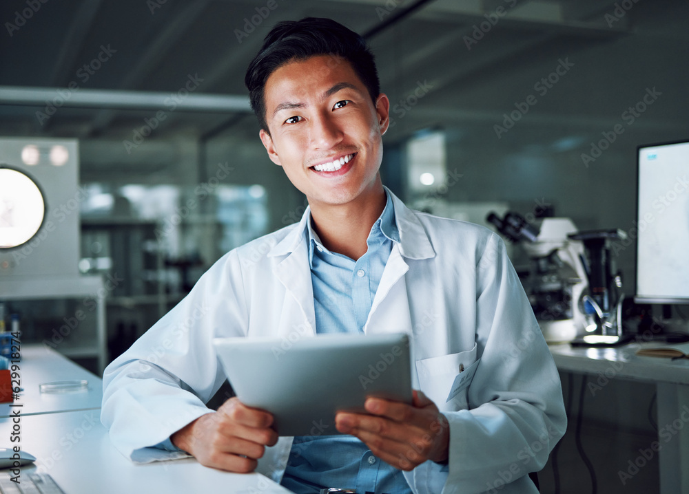 Tablet, portrait and scientist with digital innovation, data and smile in laboratory. Asian man, doc