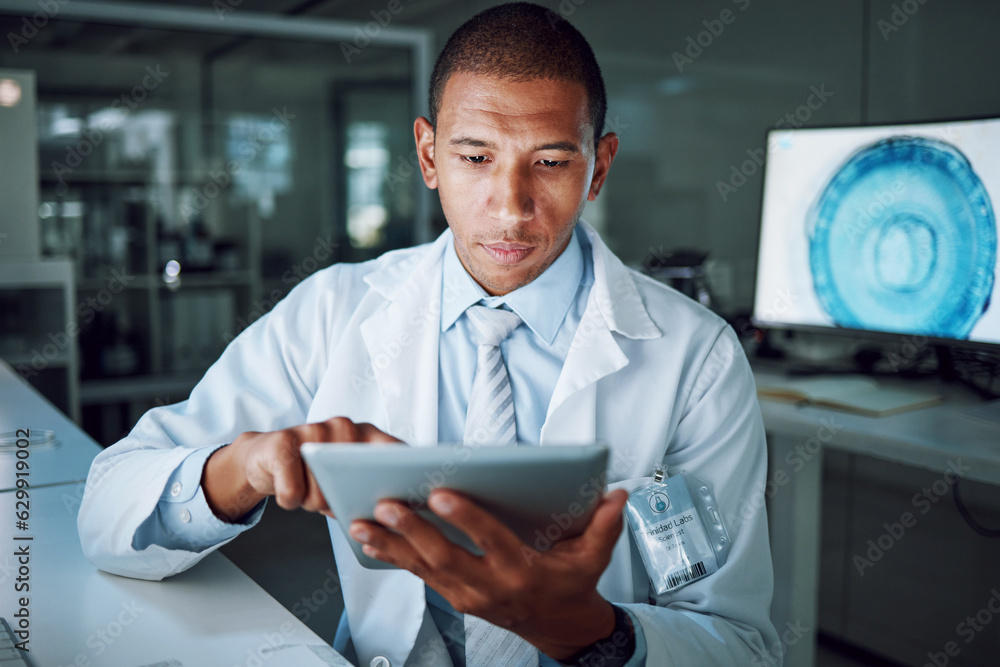 Man, night or tablet in science laboratory for medical research, deadline or pharmacy wellness. Afri