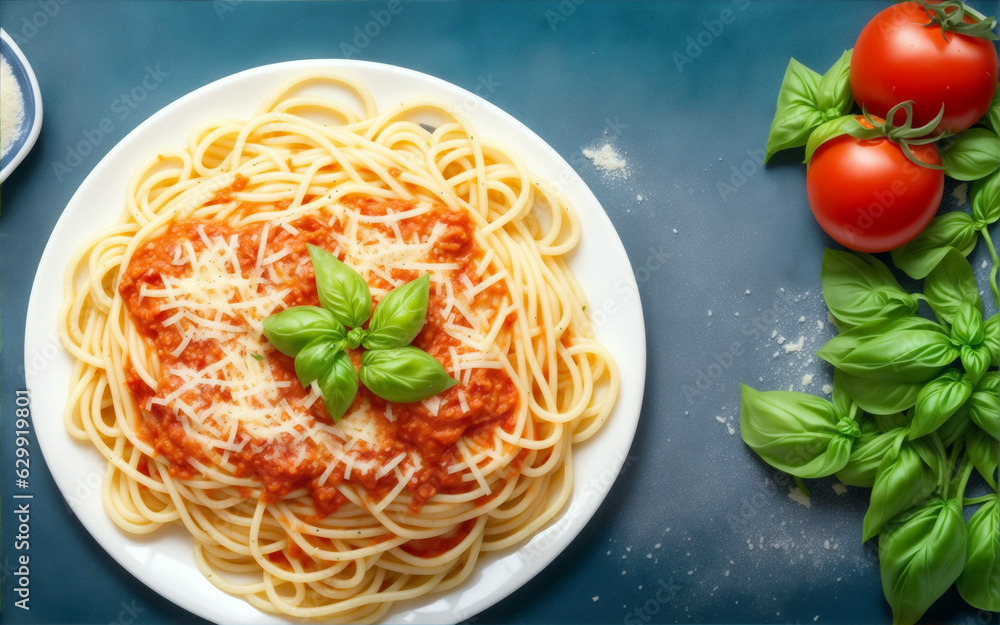 spaghetti with tomato sauce and basil