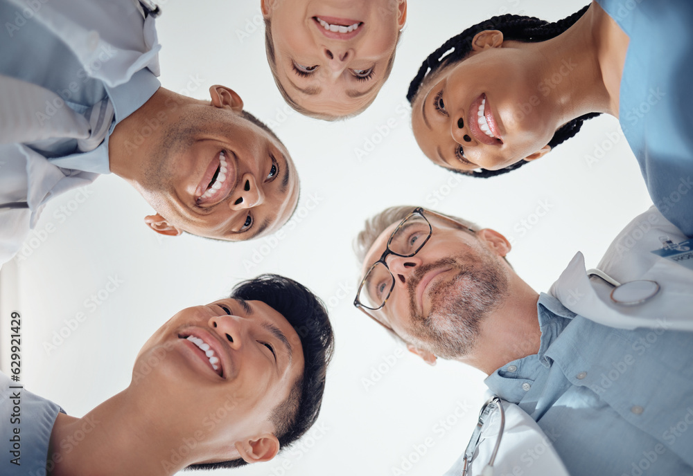 Doctors, nurses and team, collaboration and huddle with low angle, healthcare service and diversity 