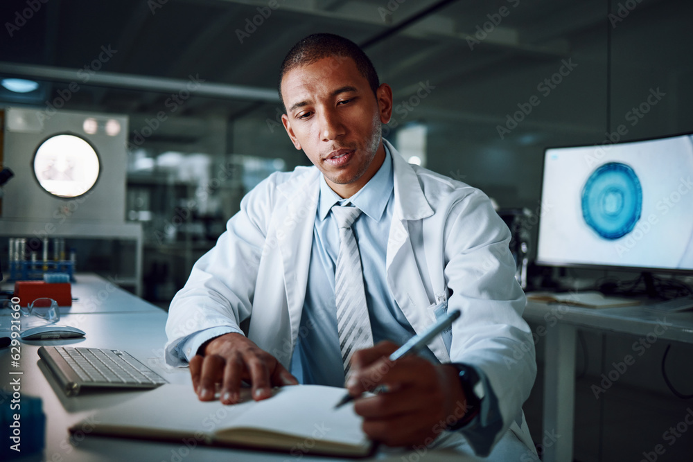 Doctor, writing and night in laboratory for medical research and study for healthcare report. Paperw