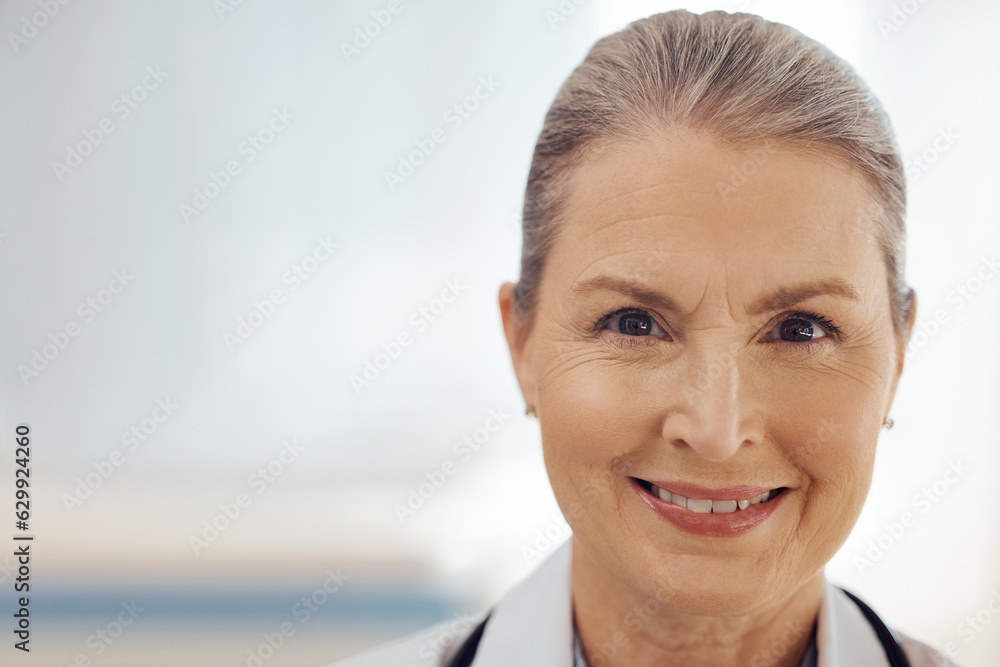 Happy, space and doctor with portrait of woman in hospital for medicine, surgery and future. Healthc