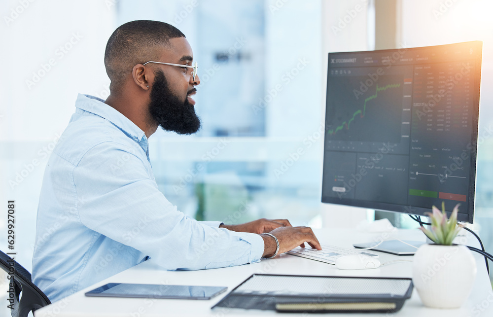 Trading, computer and business with black man in office for stock market, finance and growth. Invest