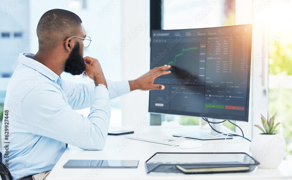 Stock market, computer and business with black man in office for trading, finance and growth. Invest