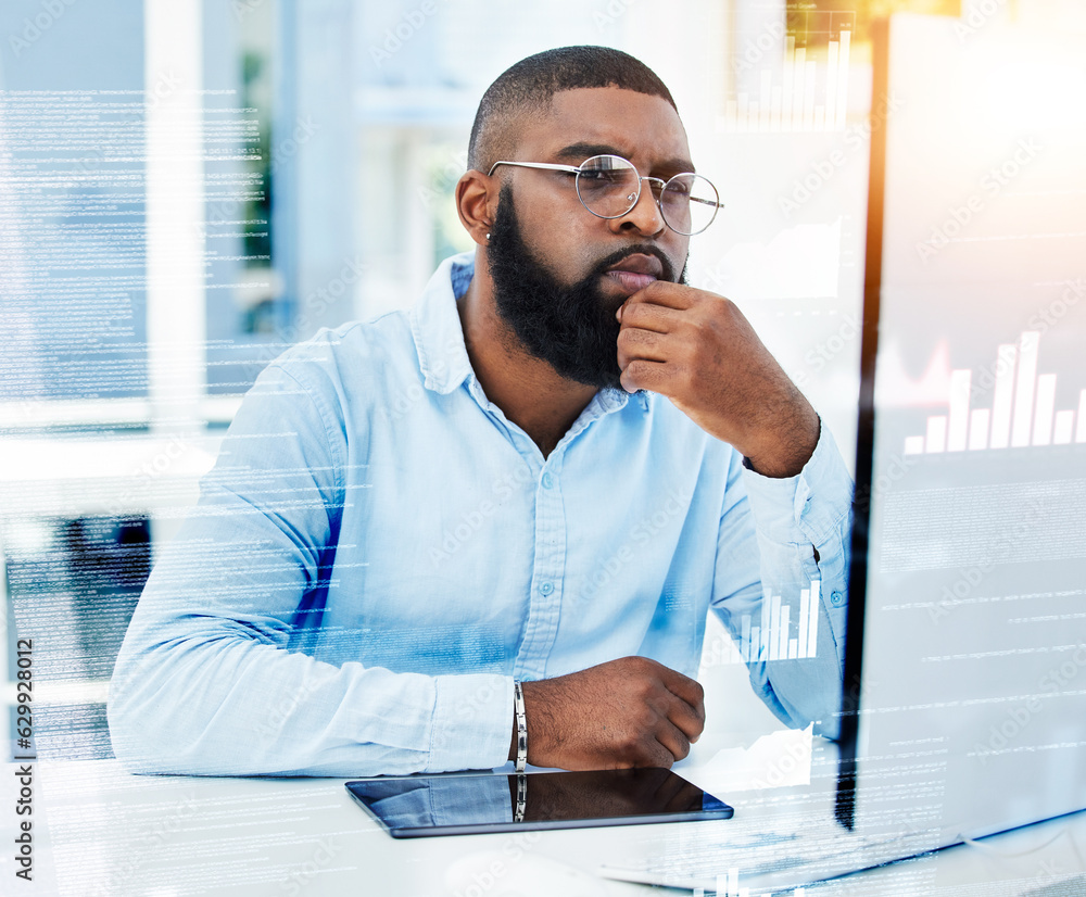 Overlay, thinking or black man trading on computer for investment stocks or future profit growth. Da