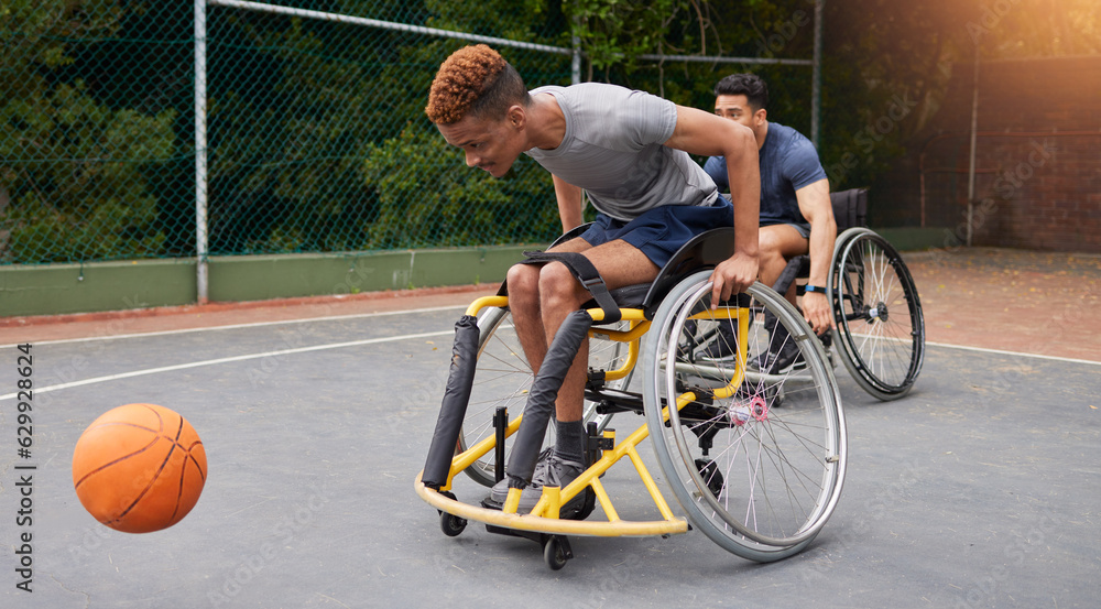 Sports, basketball and men in wheelchair for exercise, training and workout on outdoor court. Fitnes