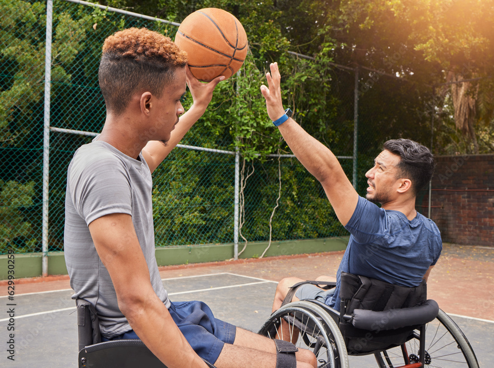 Wheelchair, basketball and men friends with ball at court outdoor for fitness, sports and performanc