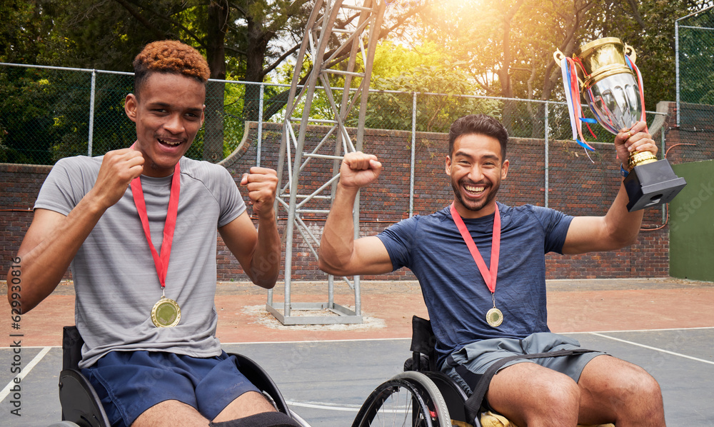 Basketball, trophy and team with men and wheelchair user for success, winner or sports. Training, ch