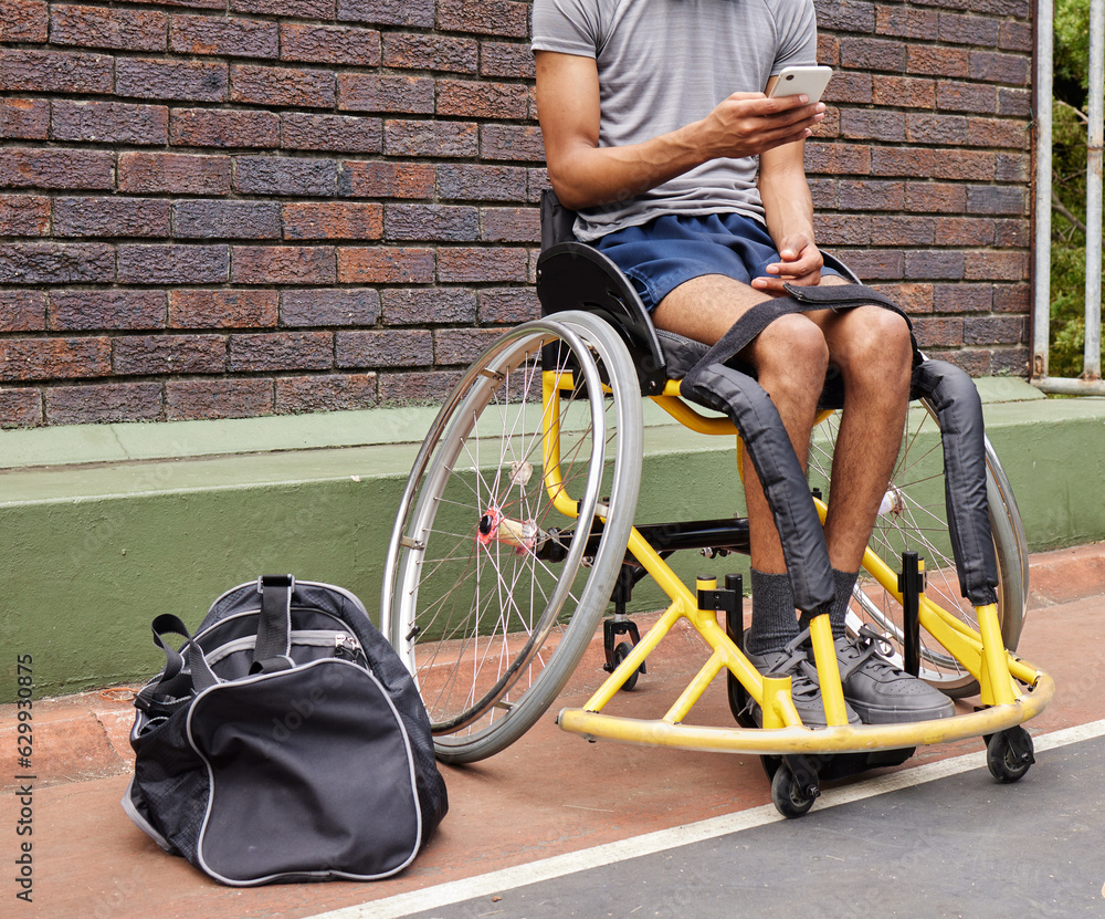 Sports, wheelchair basketball and a man with a disability on a court for fitness, training or compet