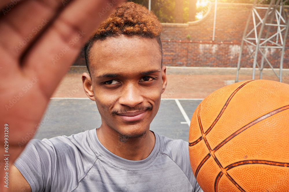 African man, basketball player and portrait selfie on court for social media, fitness blog or traini