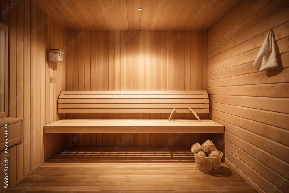 Finnish sauna with wooden relaxing resting benches.