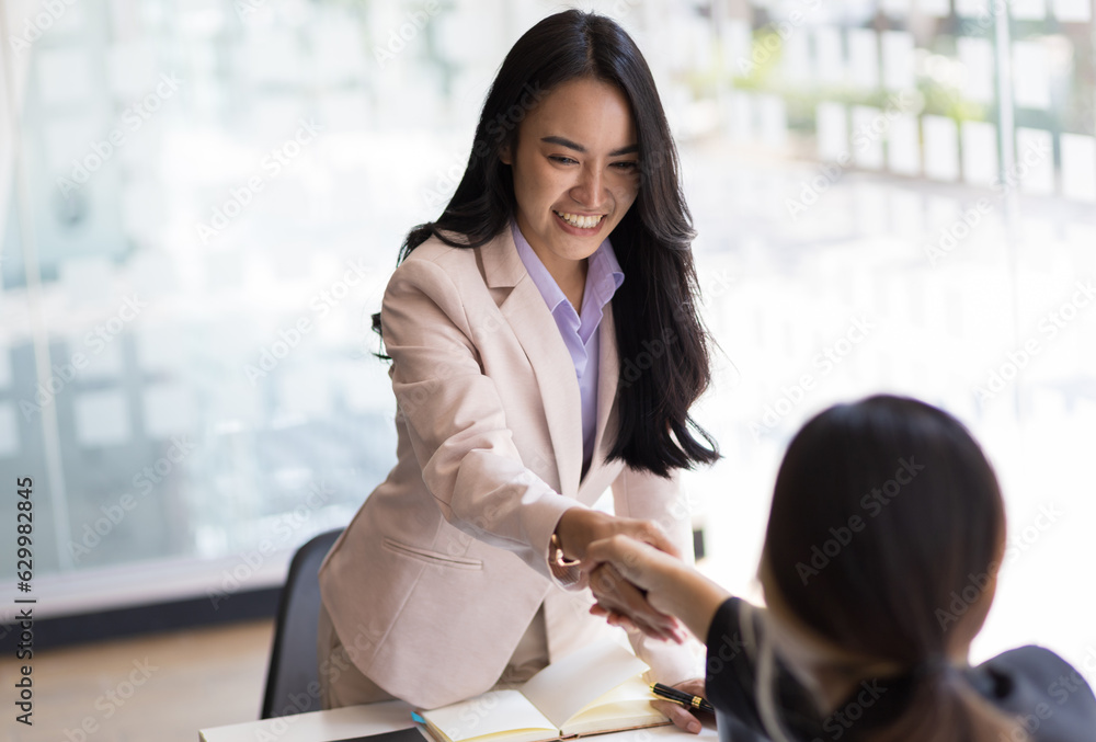 Partner, colleague, businesswoman shaking hands at business meeting, job interview.