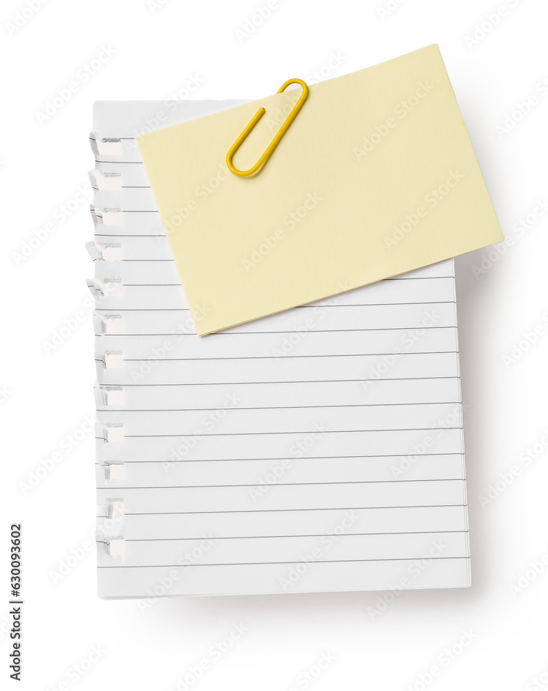 Paper sheet and sticky note on white background