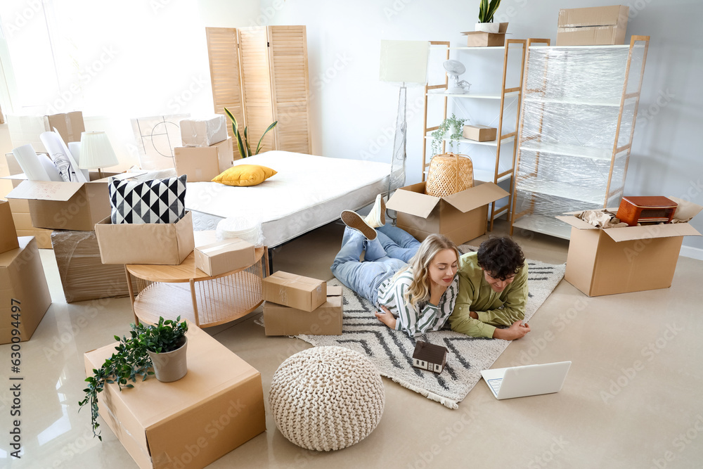 Young couple using laptop in bedroom on moving day