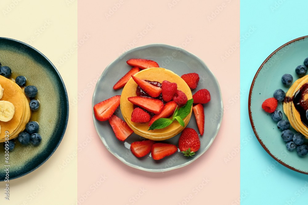 Plates with sweet pancakes and berries on color background