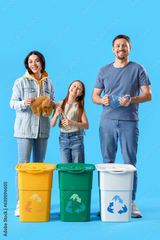 Family sorting garbage with recycle bins on blue background